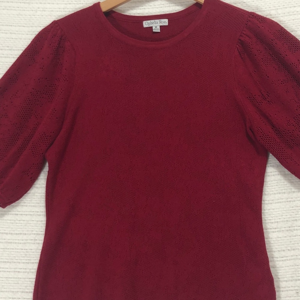 Ophelia Roe Womens Burgundy Pointelle Puff Short Sleeve Sweater Top Red Medium